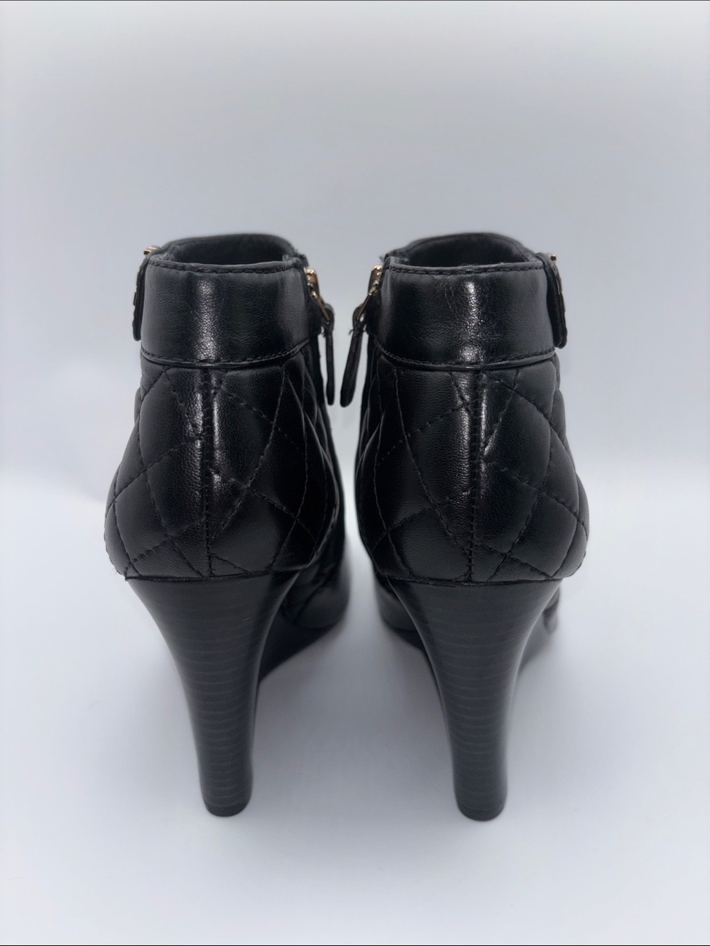 Tory Burch Black Quilted Leather Wedge Booties with Gold Logo - Picture 3 of 12